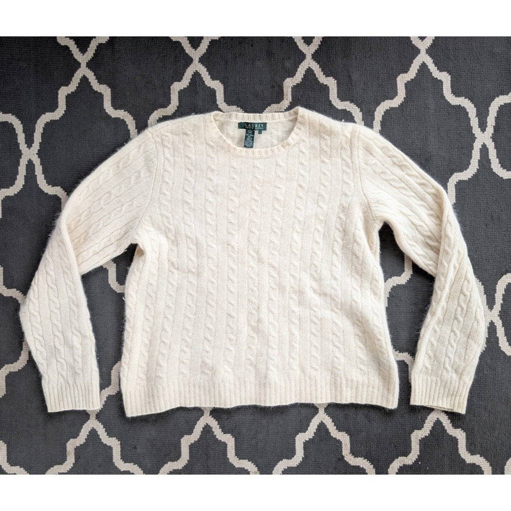 Lauren Ralph Lauren‎ Wool Sweater Womens Large Merino Angora Cable Knit White